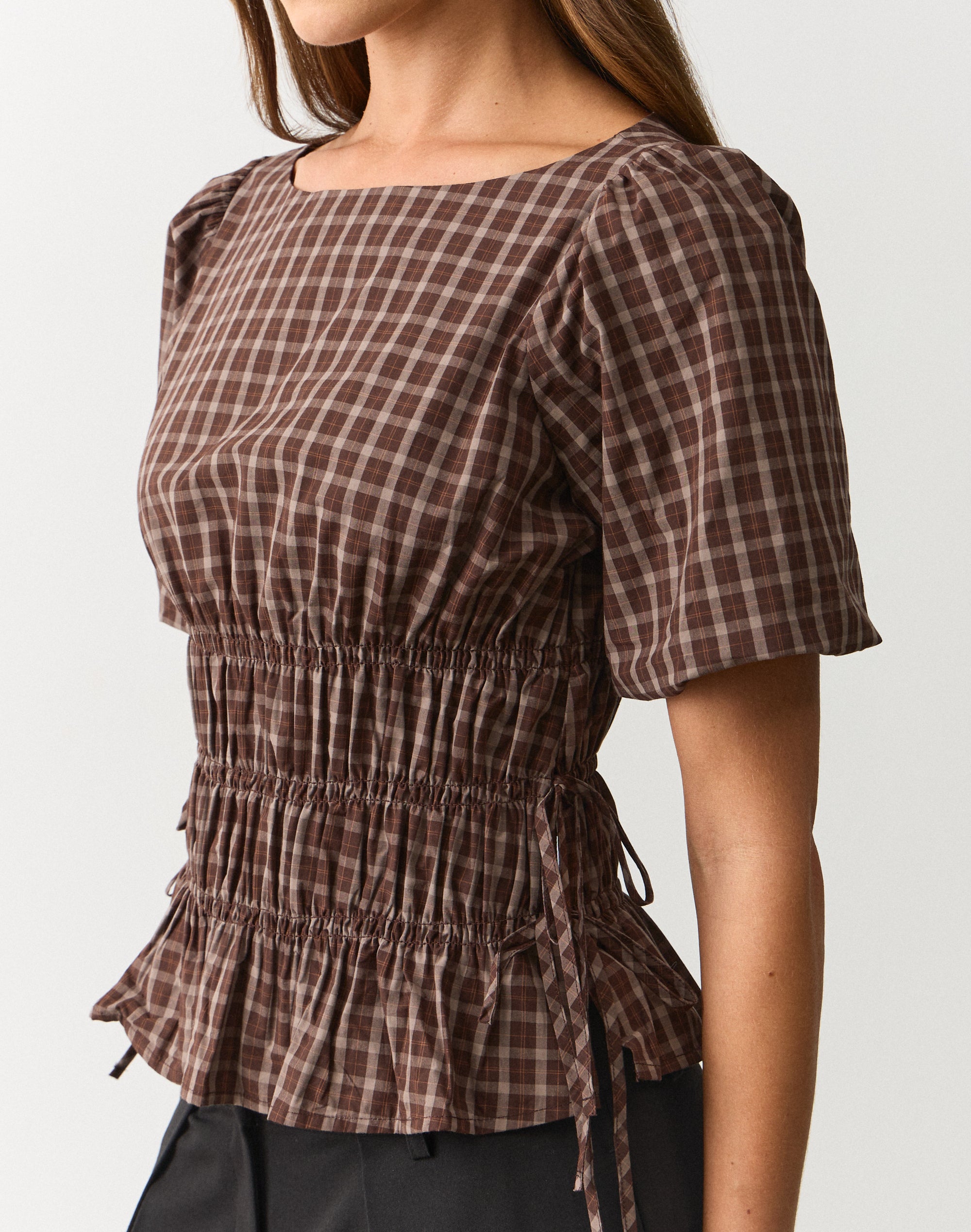 Cotton Puff Sleeve Tie Side Blouse