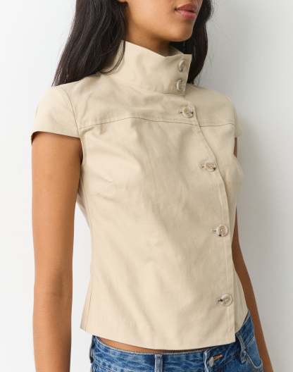Funnel Neck Button Up Blouse