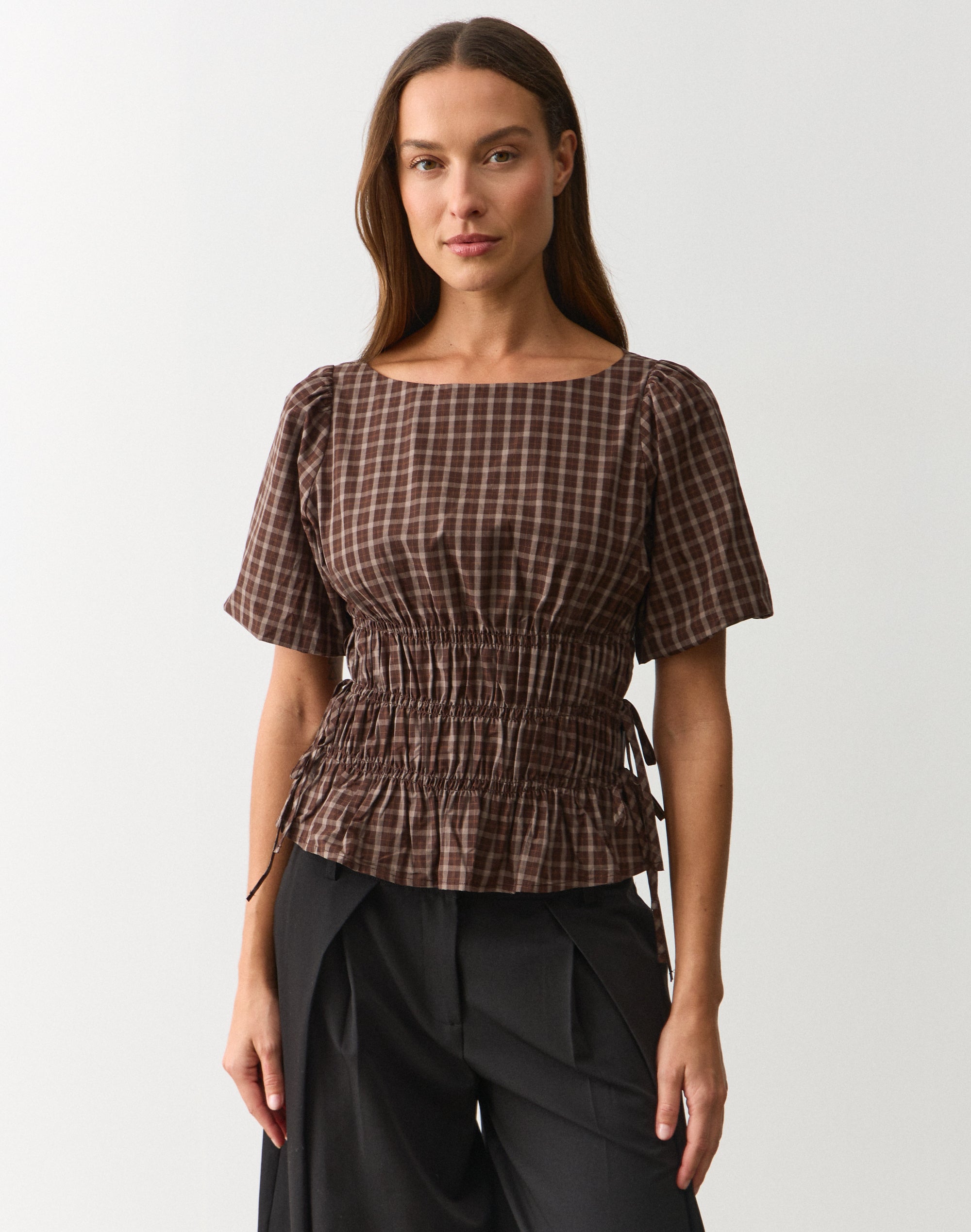 Cotton Puff Sleeve Tie Side Blouse