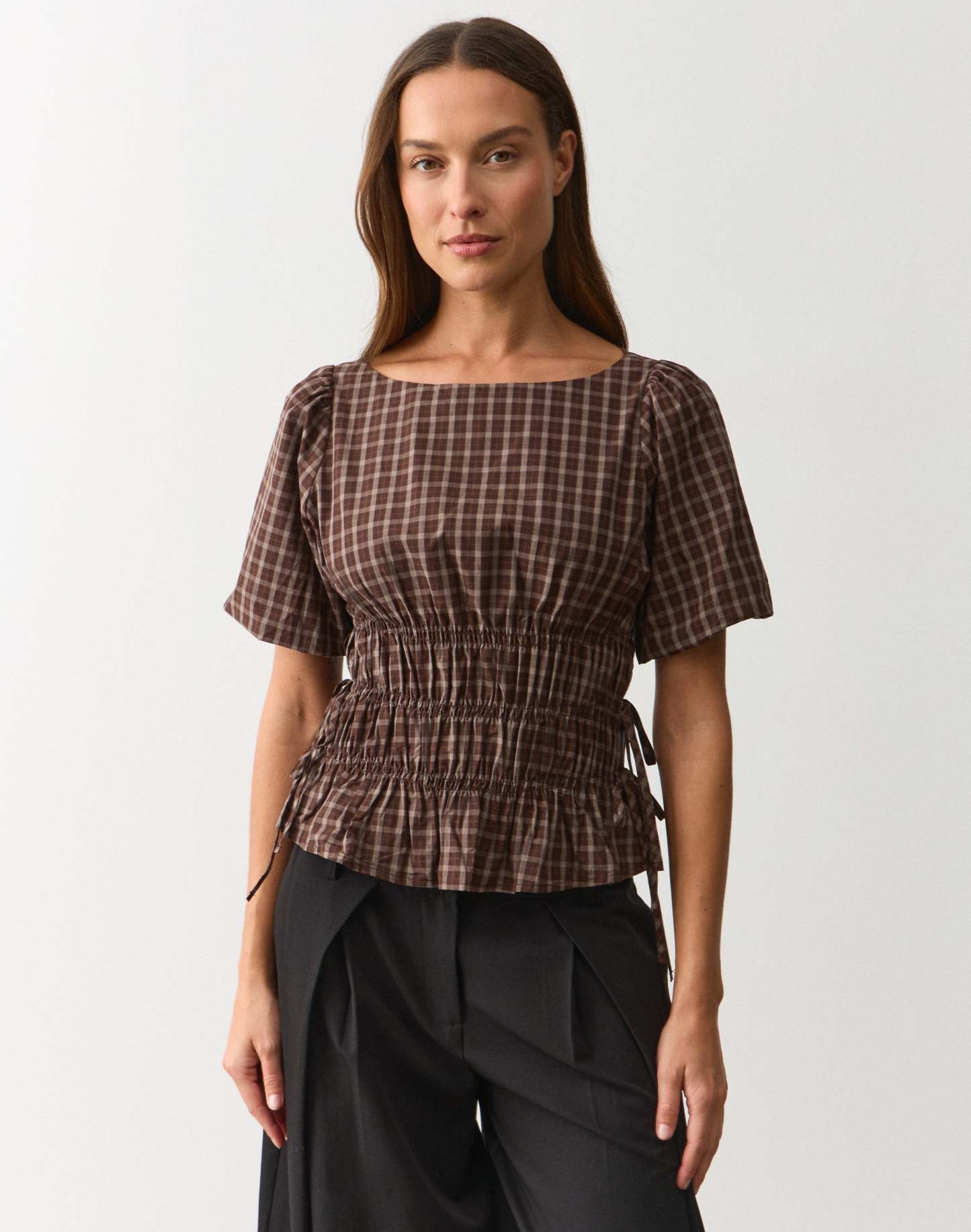 Cotton Puff Sleeve Tie Side Blouse