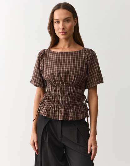 Cotton Puff Sleeve Tie Side Blouse