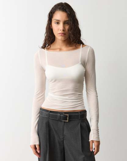 Sheer Boat Neck Long Sleeve Top