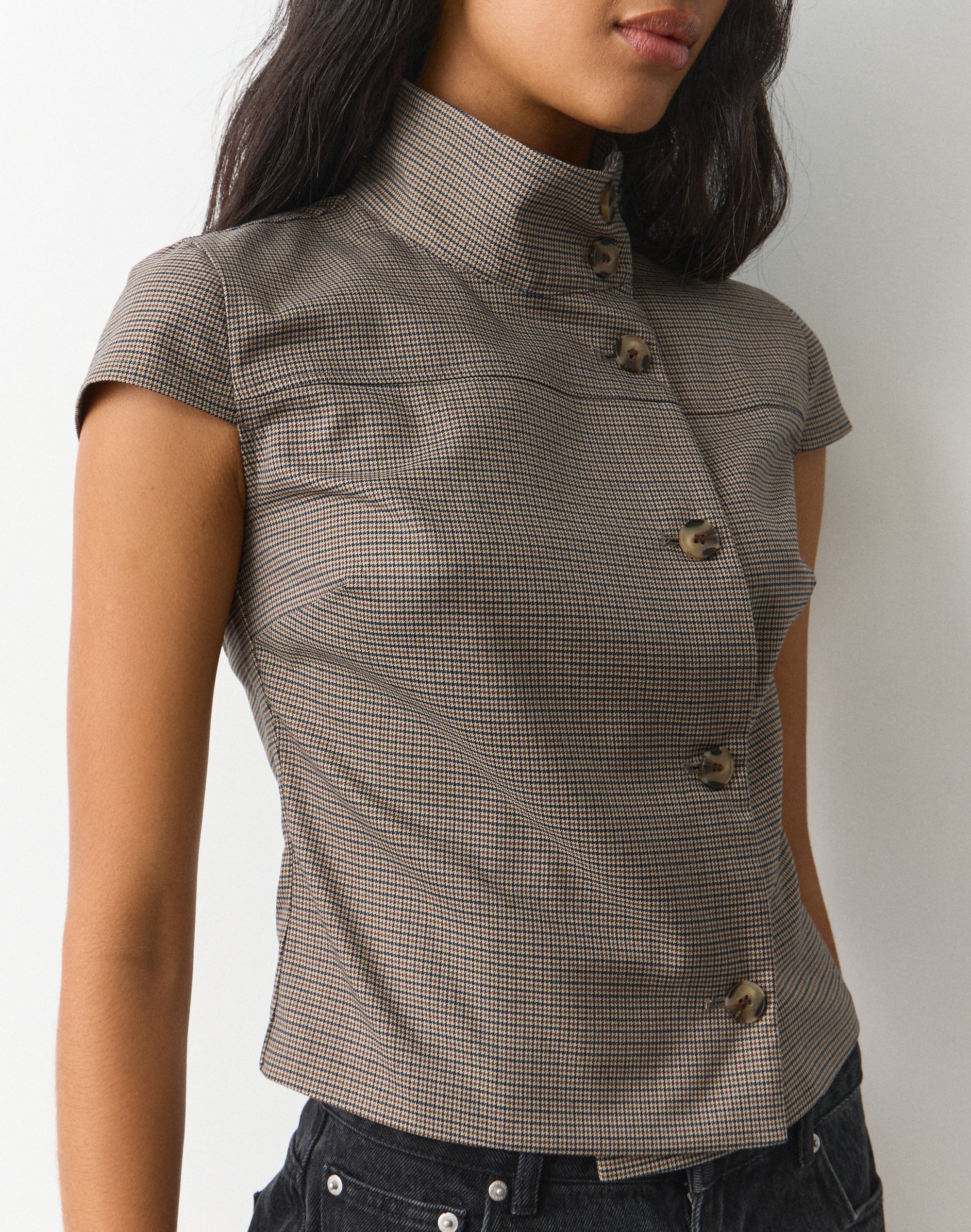 Funnel Neck Button Up Blouse