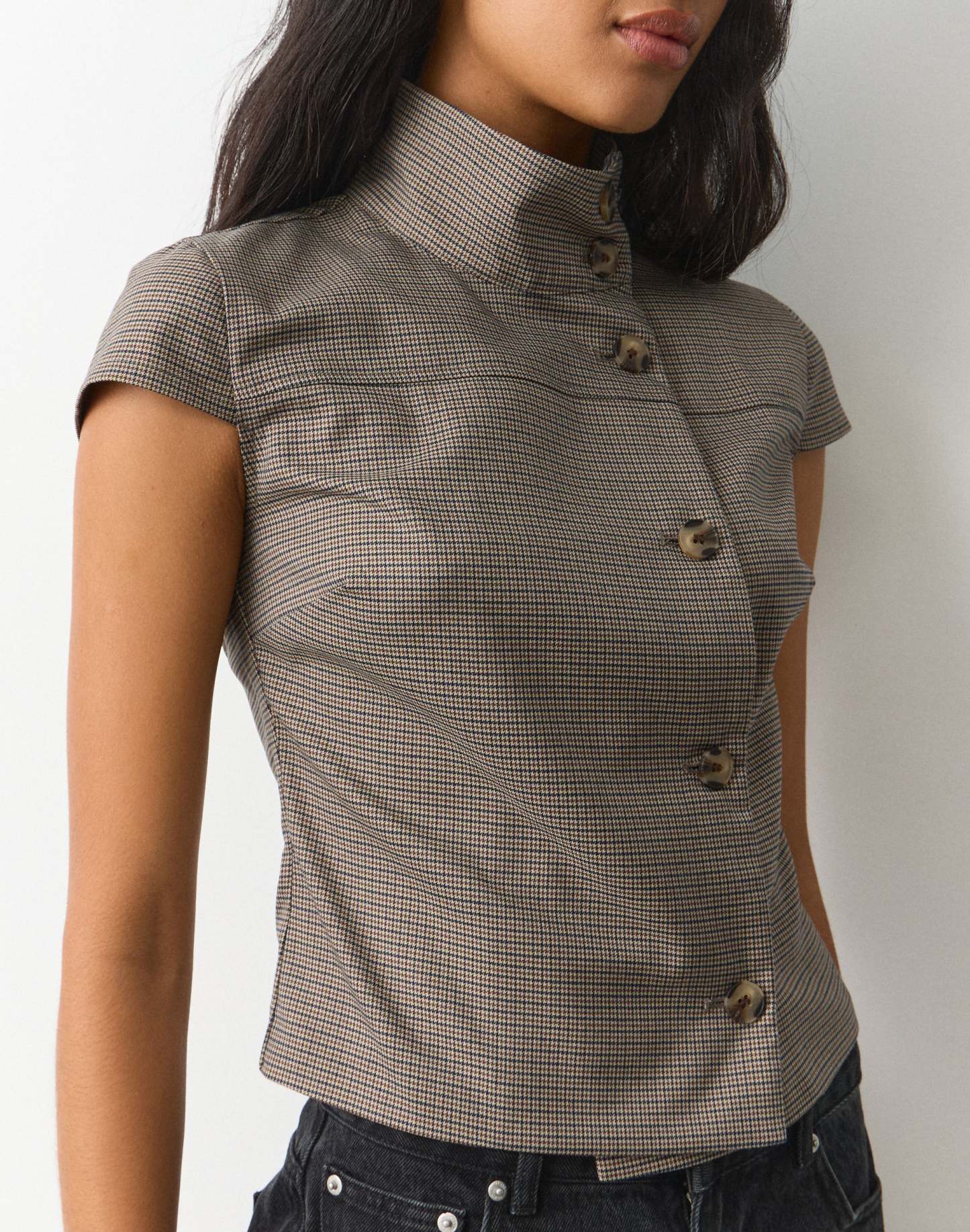 Funnel Neck Button Up Blouse