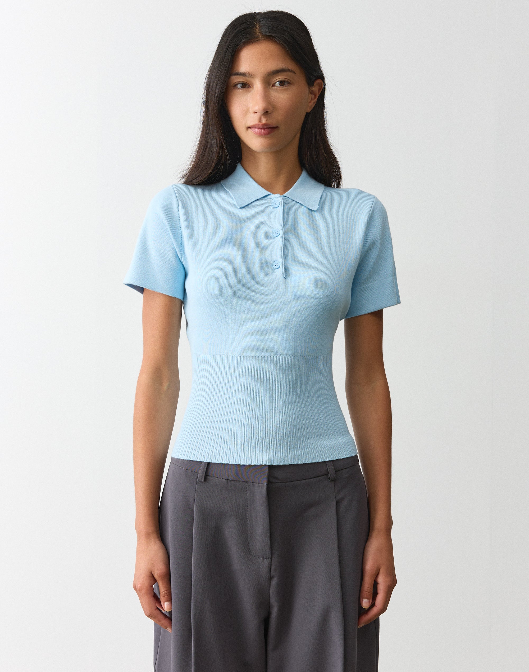 Knit Rib Waist Polo Top