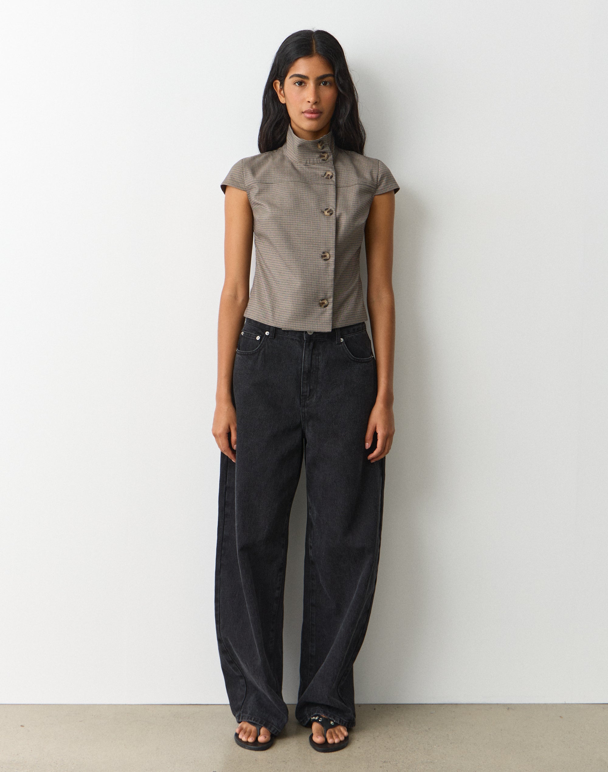 Funnel Neck Button Up Blouse