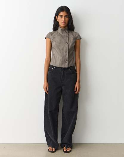Funnel Neck Button Up Blouse