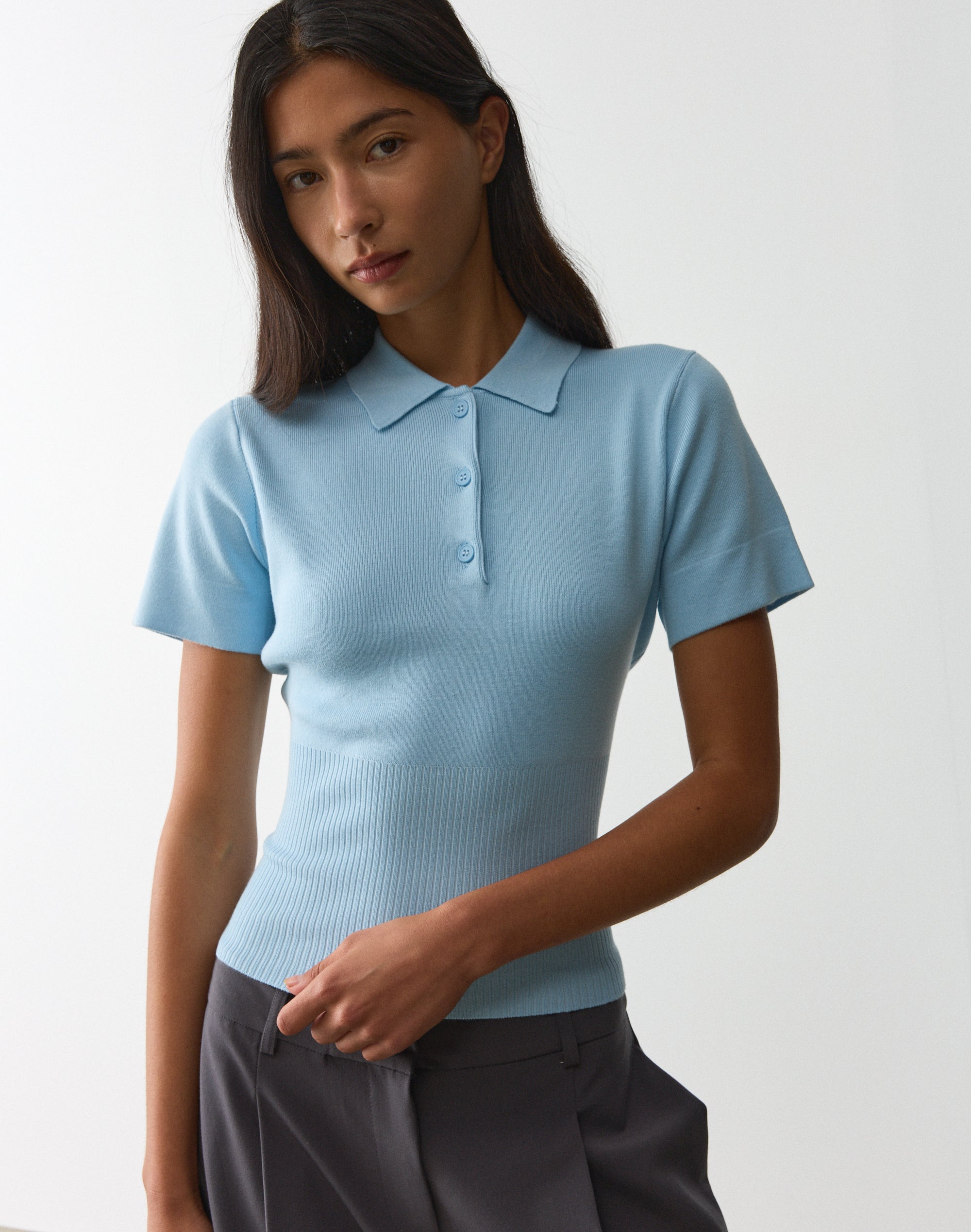 Knit Rib Waist Polo Top