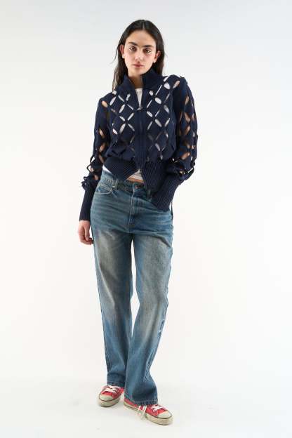 Cambodia Holes Navy Zipper Knit