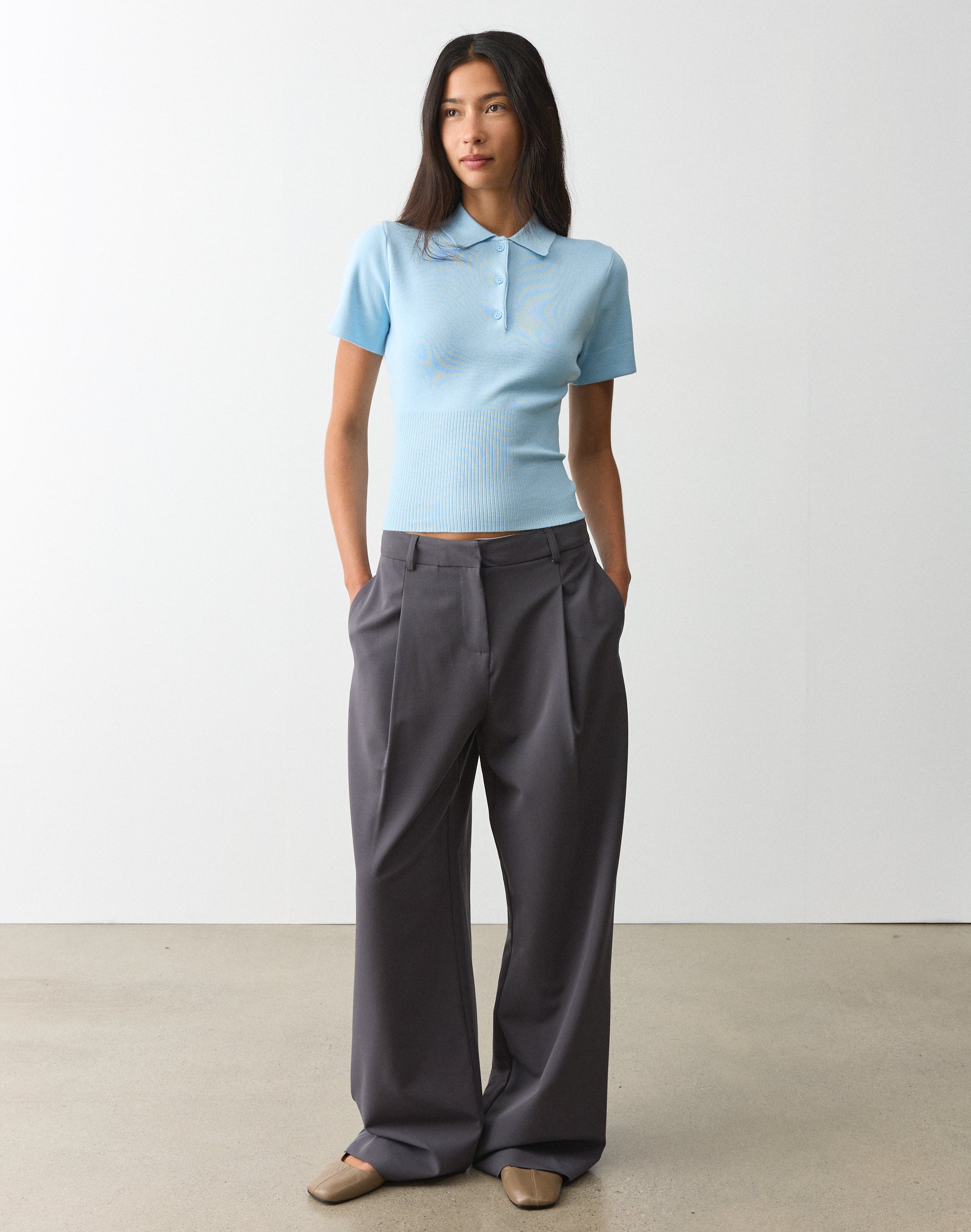 Knit Rib Waist Polo Top