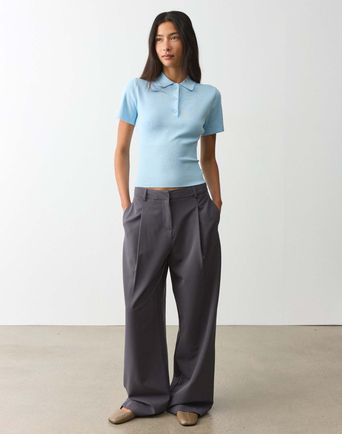 Knit Rib Waist Polo Top