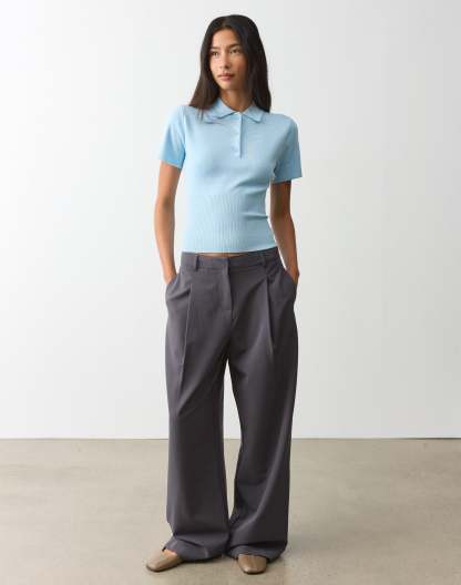 Knit Rib Waist Polo Top