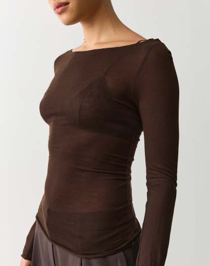 Sheer Boat Neck Long Sleeve Top