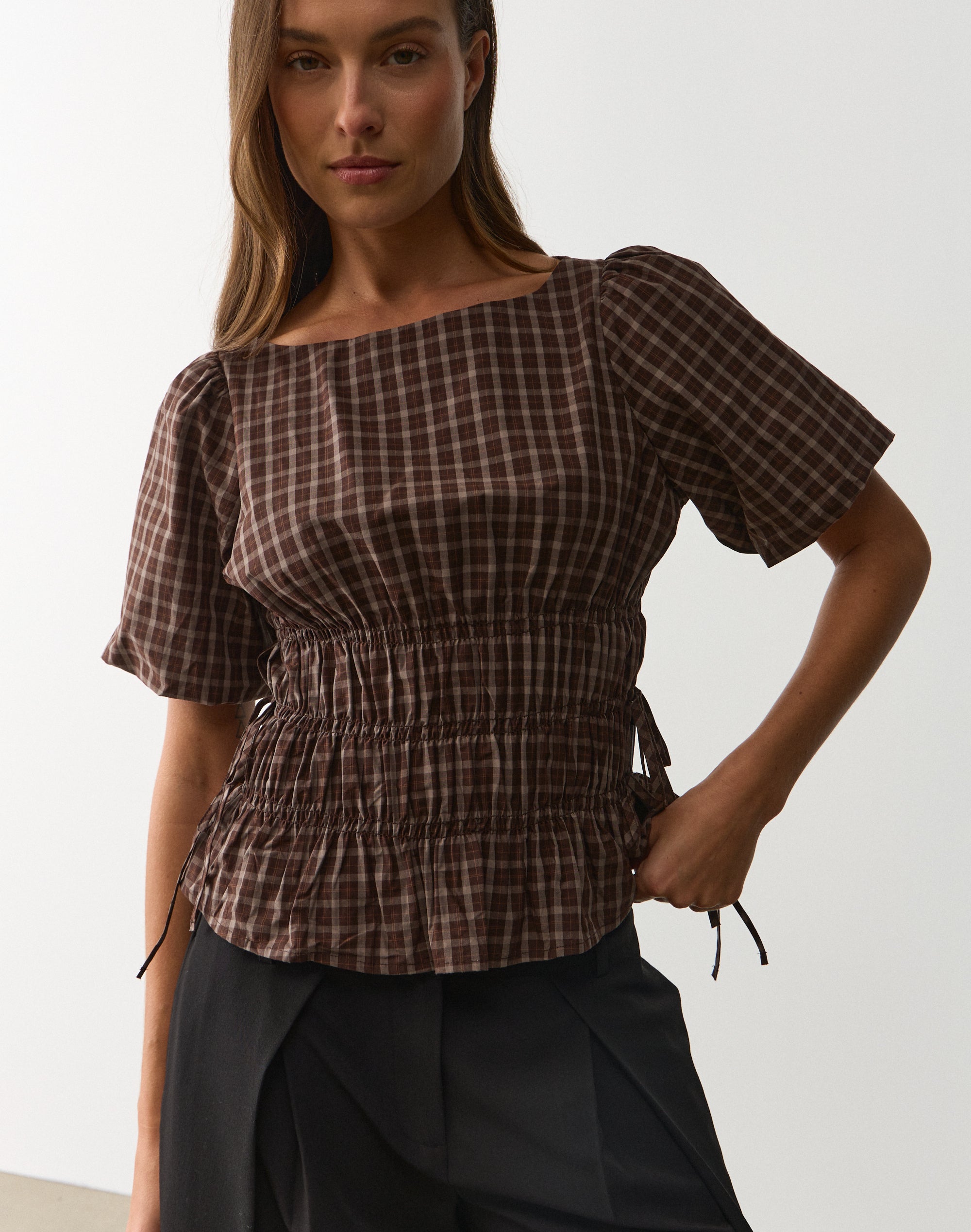 Cotton Puff Sleeve Tie Side Blouse