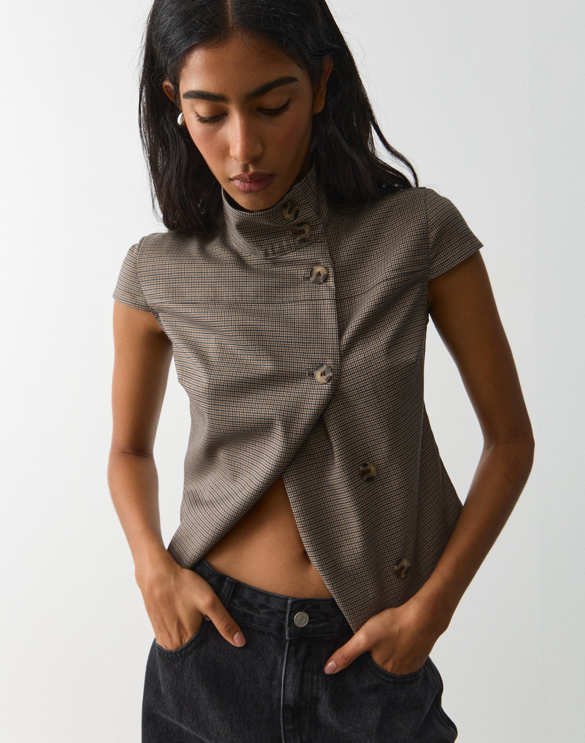 Funnel Neck Button Up Blouse