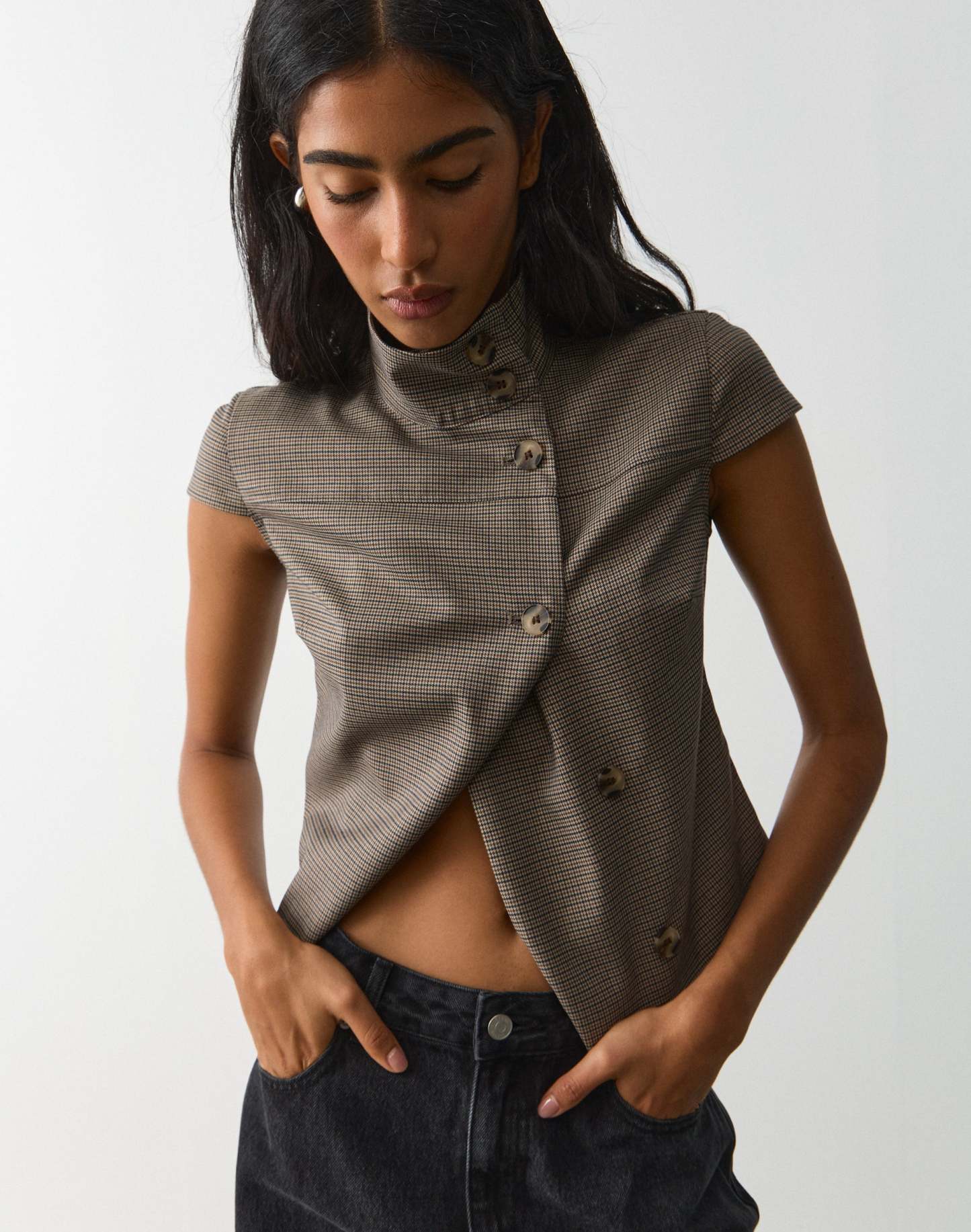Funnel Neck Button Up Blouse