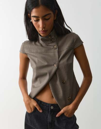 Funnel Neck Button Up Blouse