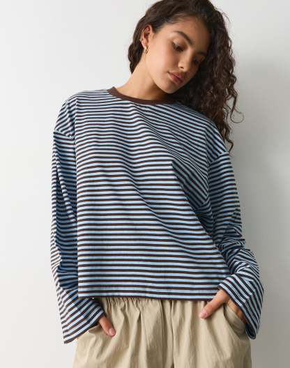 Stripe Cotton Boxy Long Sleeve Top