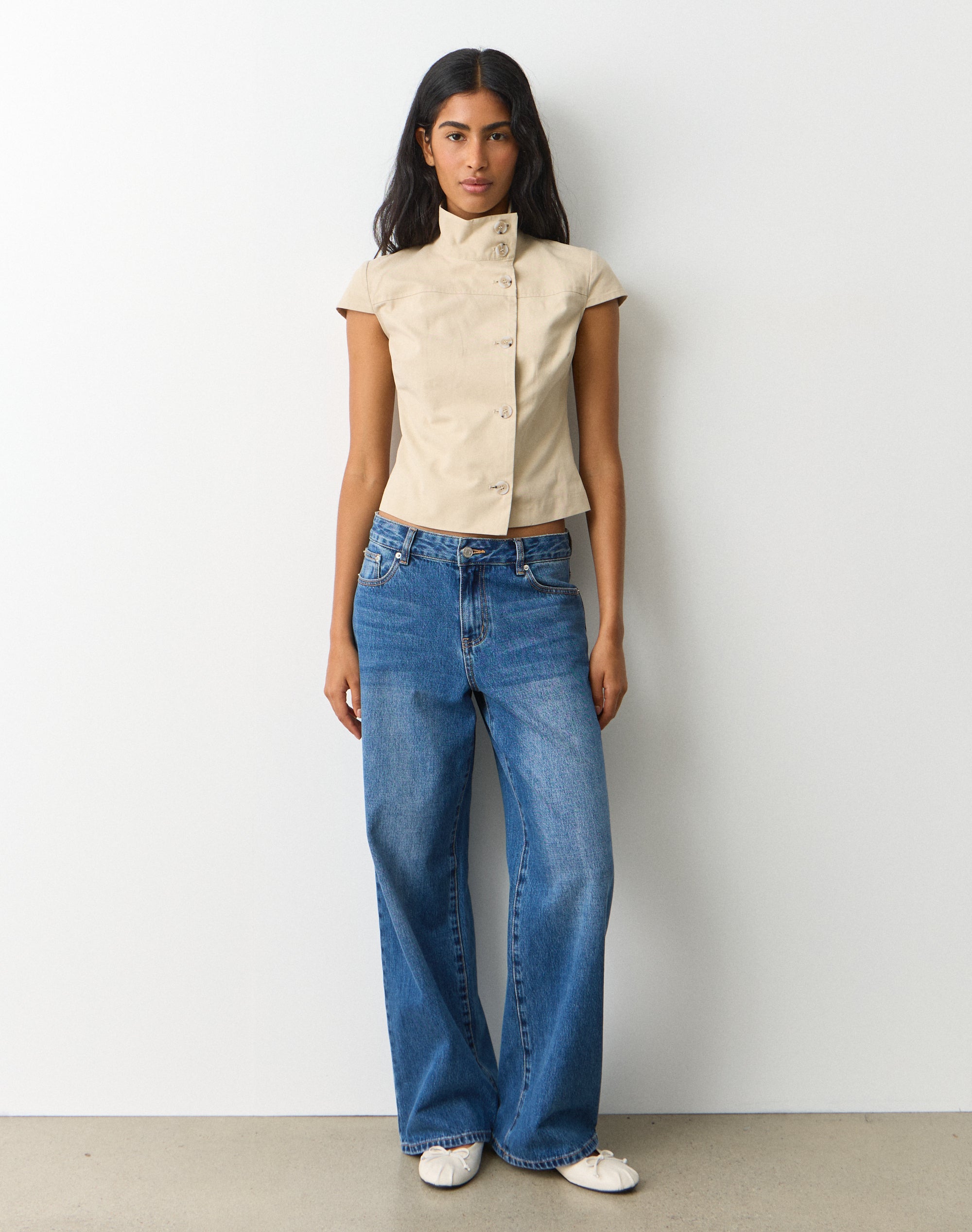 Funnel Neck Button Up Blouse