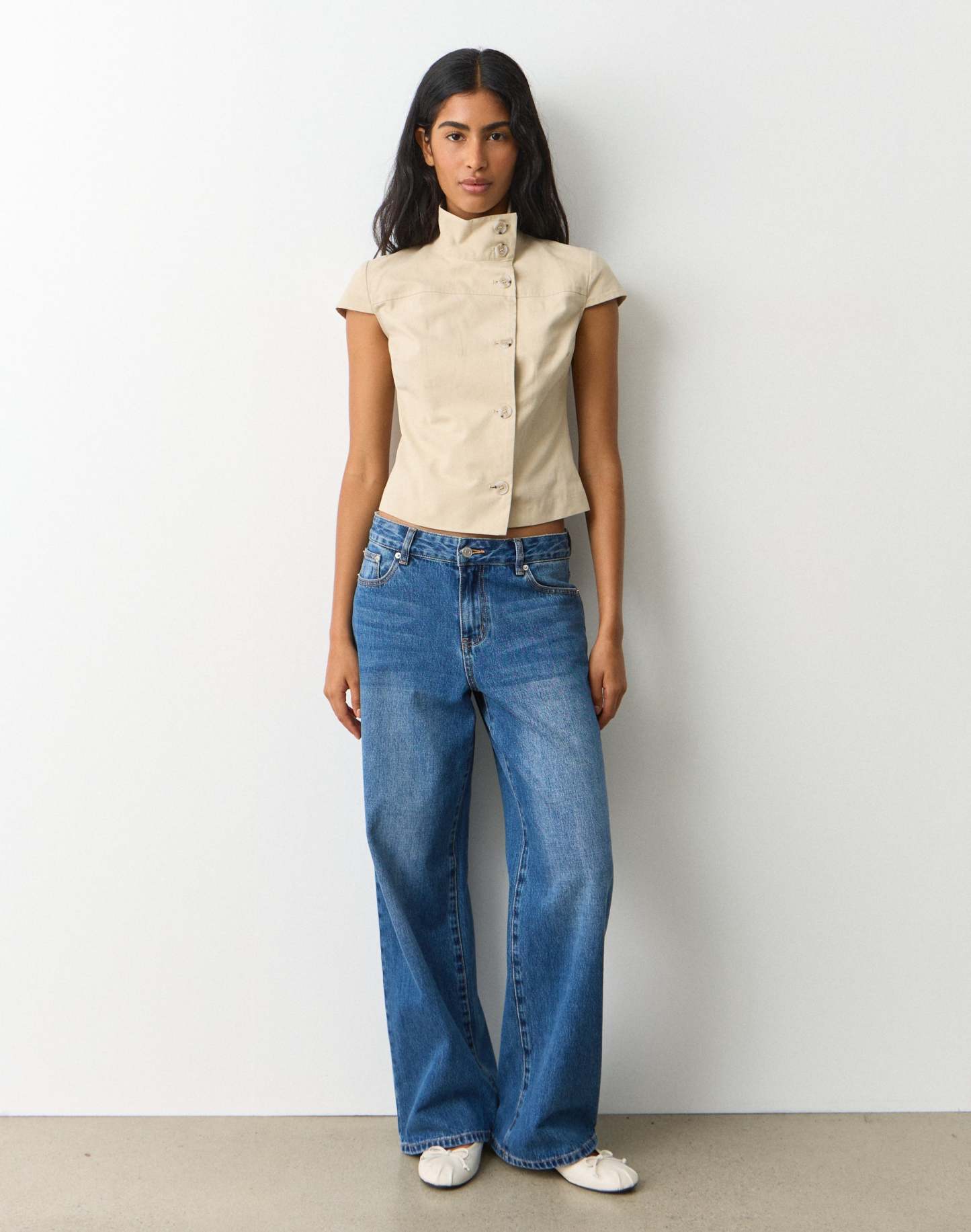 Funnel Neck Button Up Blouse