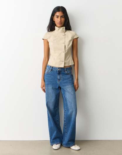 Funnel Neck Button Up Blouse