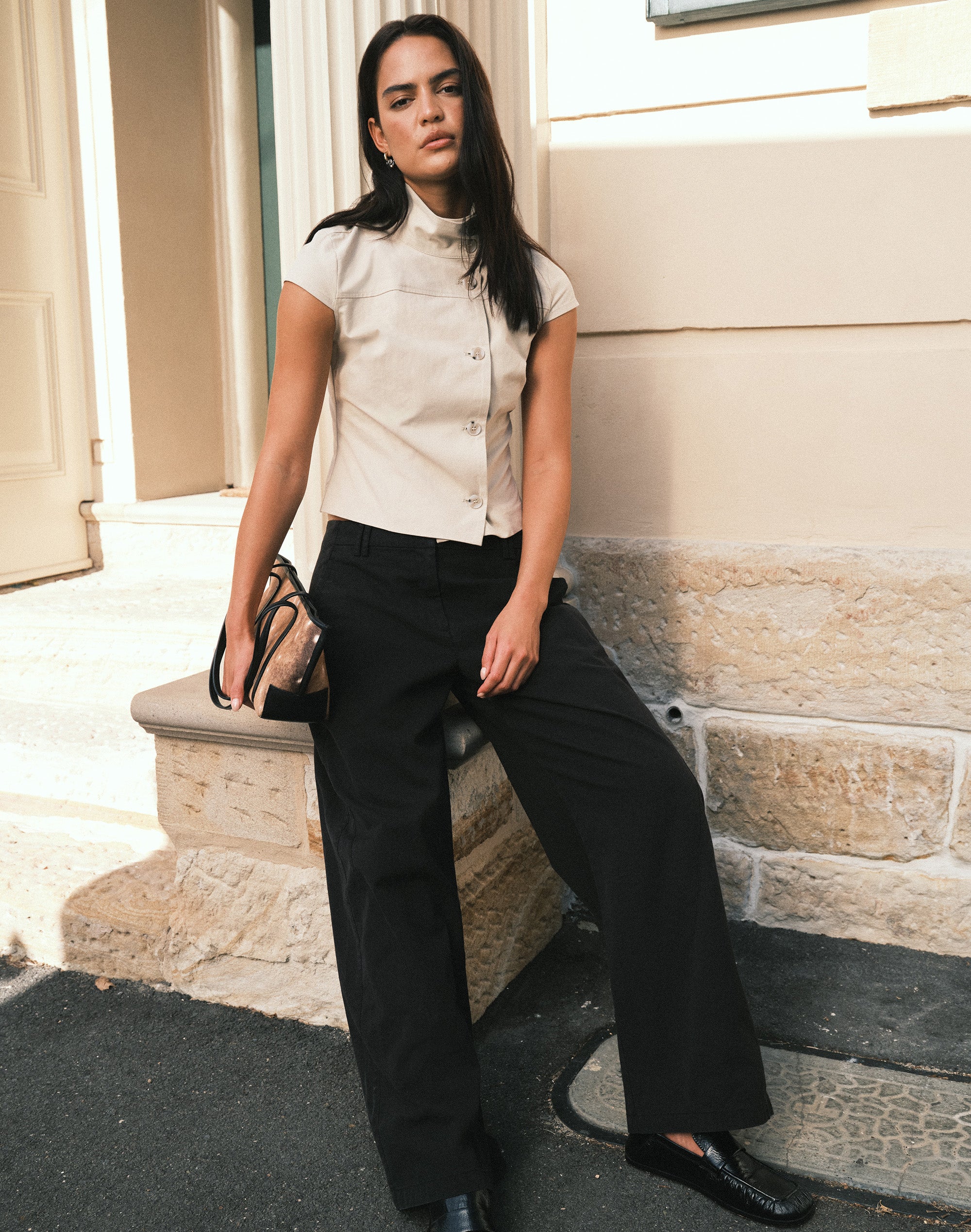 Funnel Neck Button Up Blouse