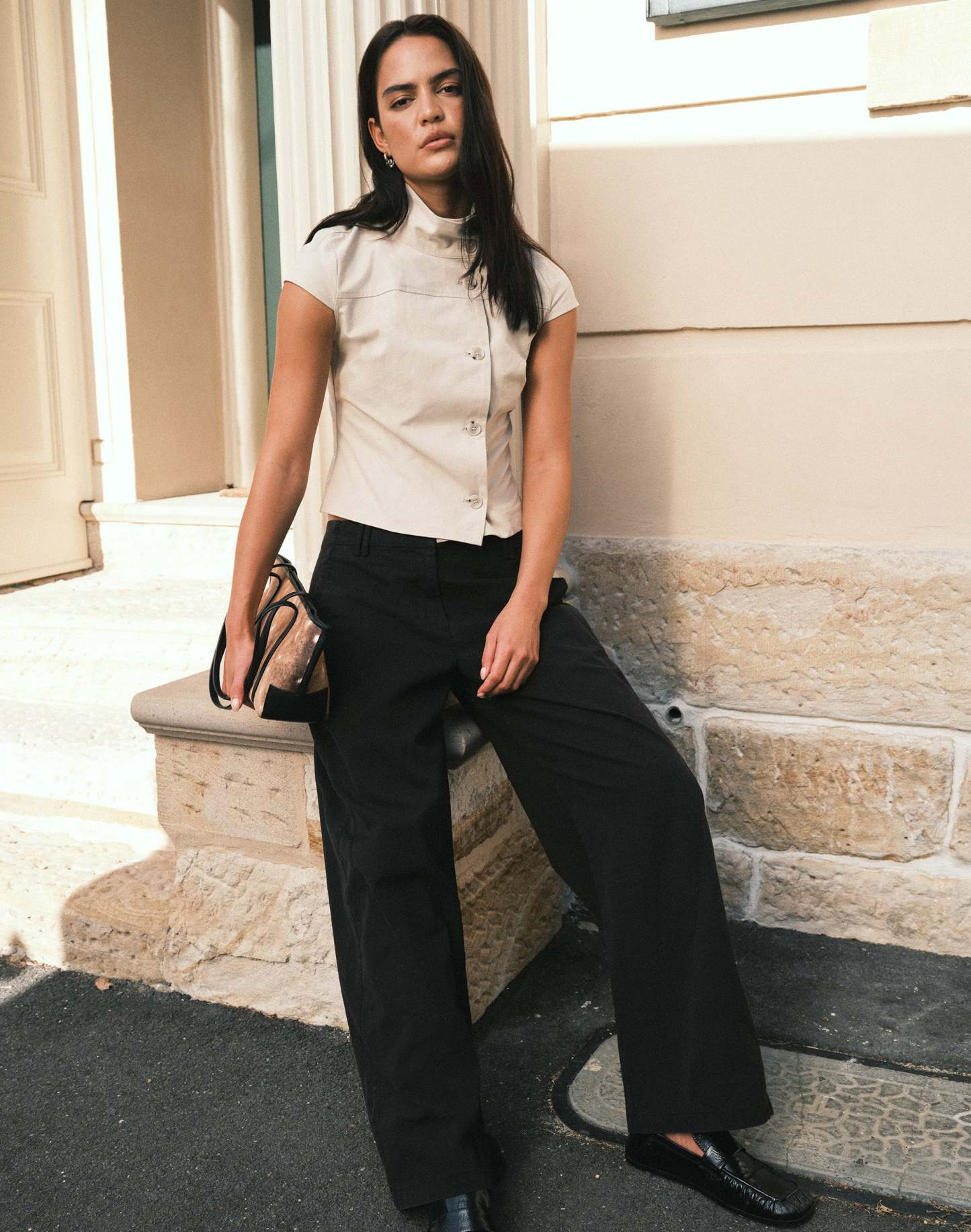 Funnel Neck Button Up Blouse