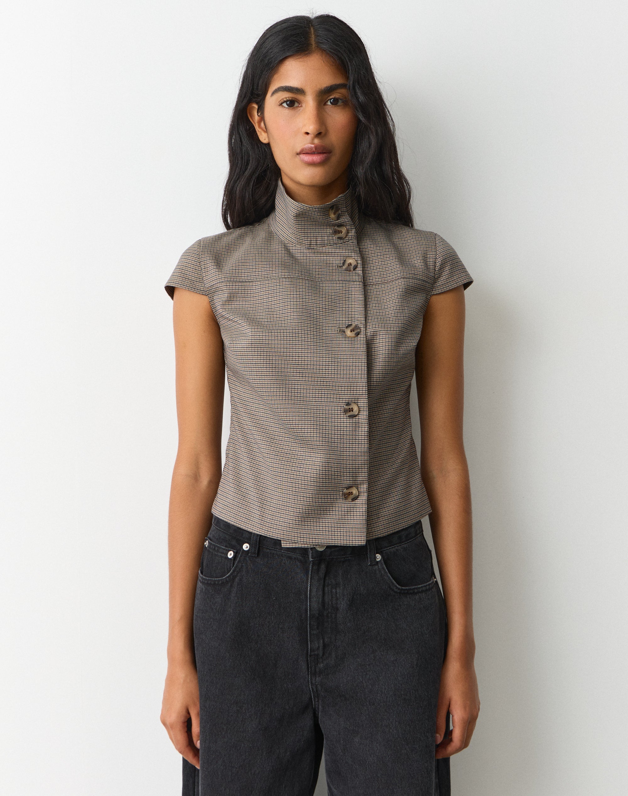 Funnel Neck Button Up Blouse