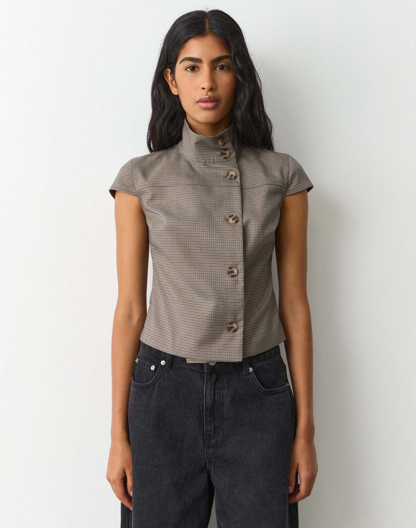 Funnel Neck Button Up Blouse