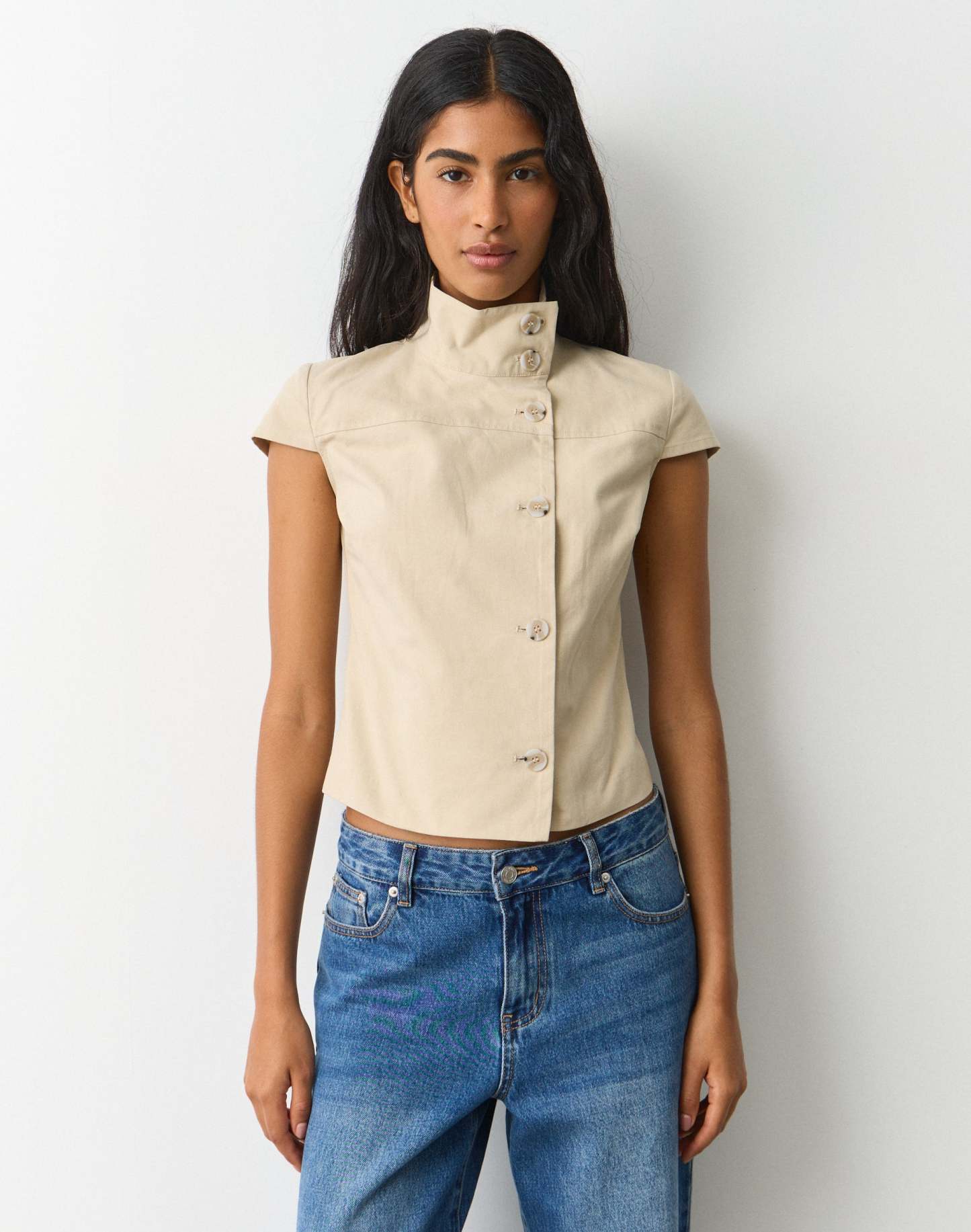 Funnel Neck Button Up Blouse