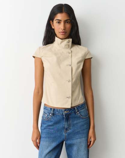 Funnel Neck Button Up Blouse