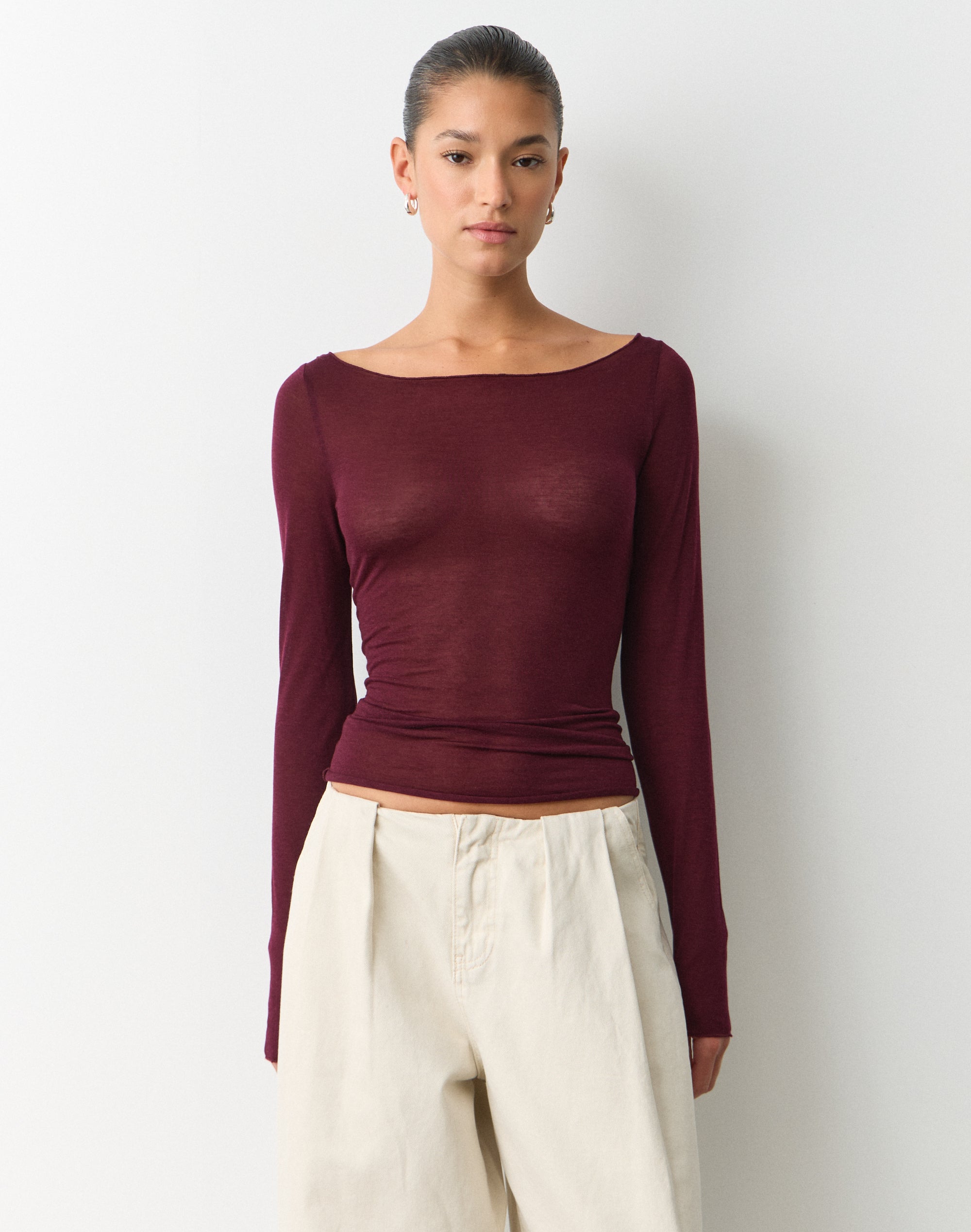 Sheer Boat Neck Long Sleeve Top