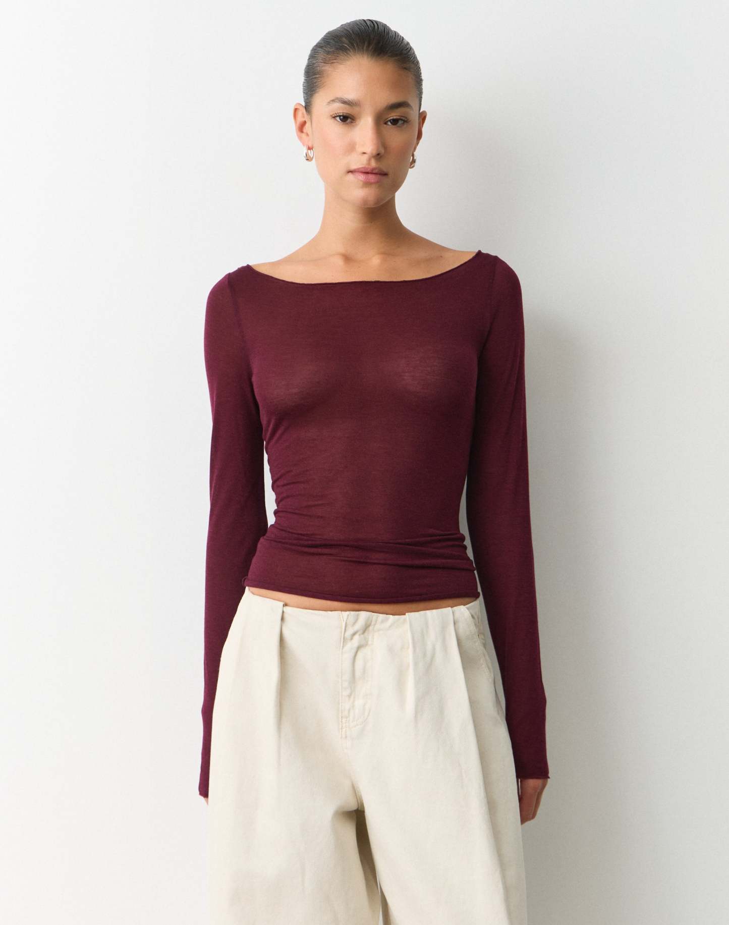 Sheer Boat Neck Long Sleeve Top