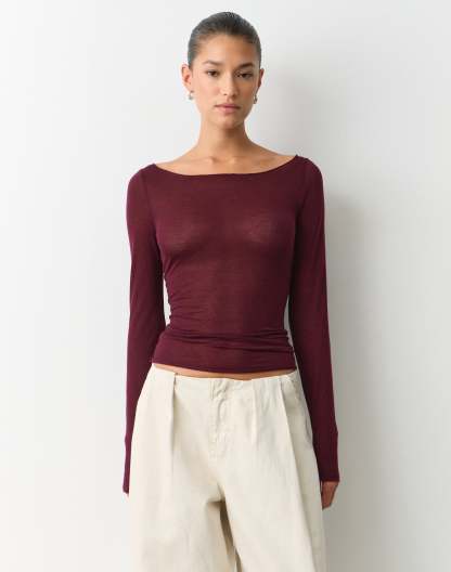 Sheer Boat Neck Long Sleeve Top