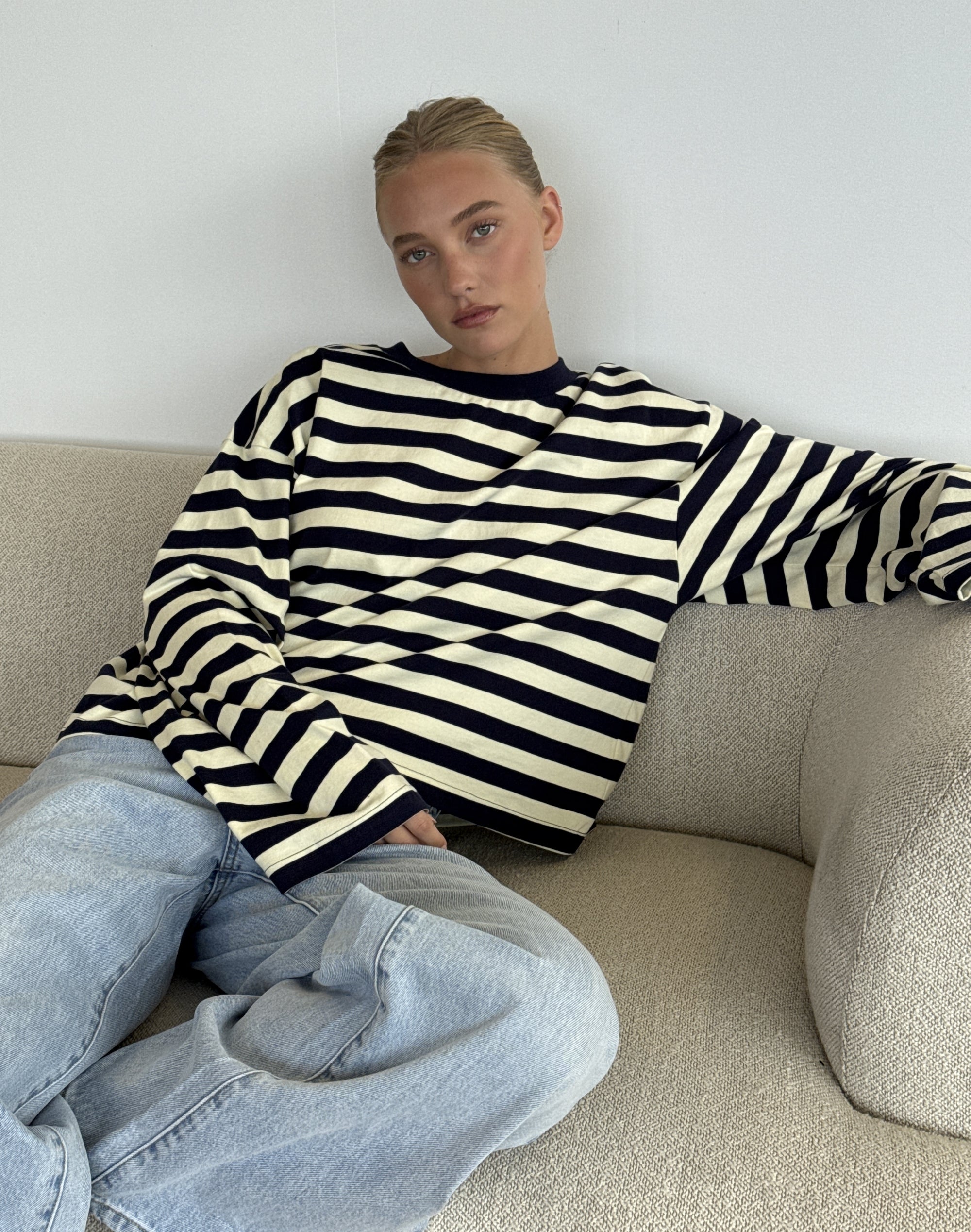 Stripe Cotton Boxy Long Sleeve Top