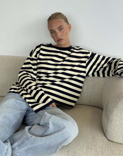 Stripe Cotton Boxy Long Sleeve Top