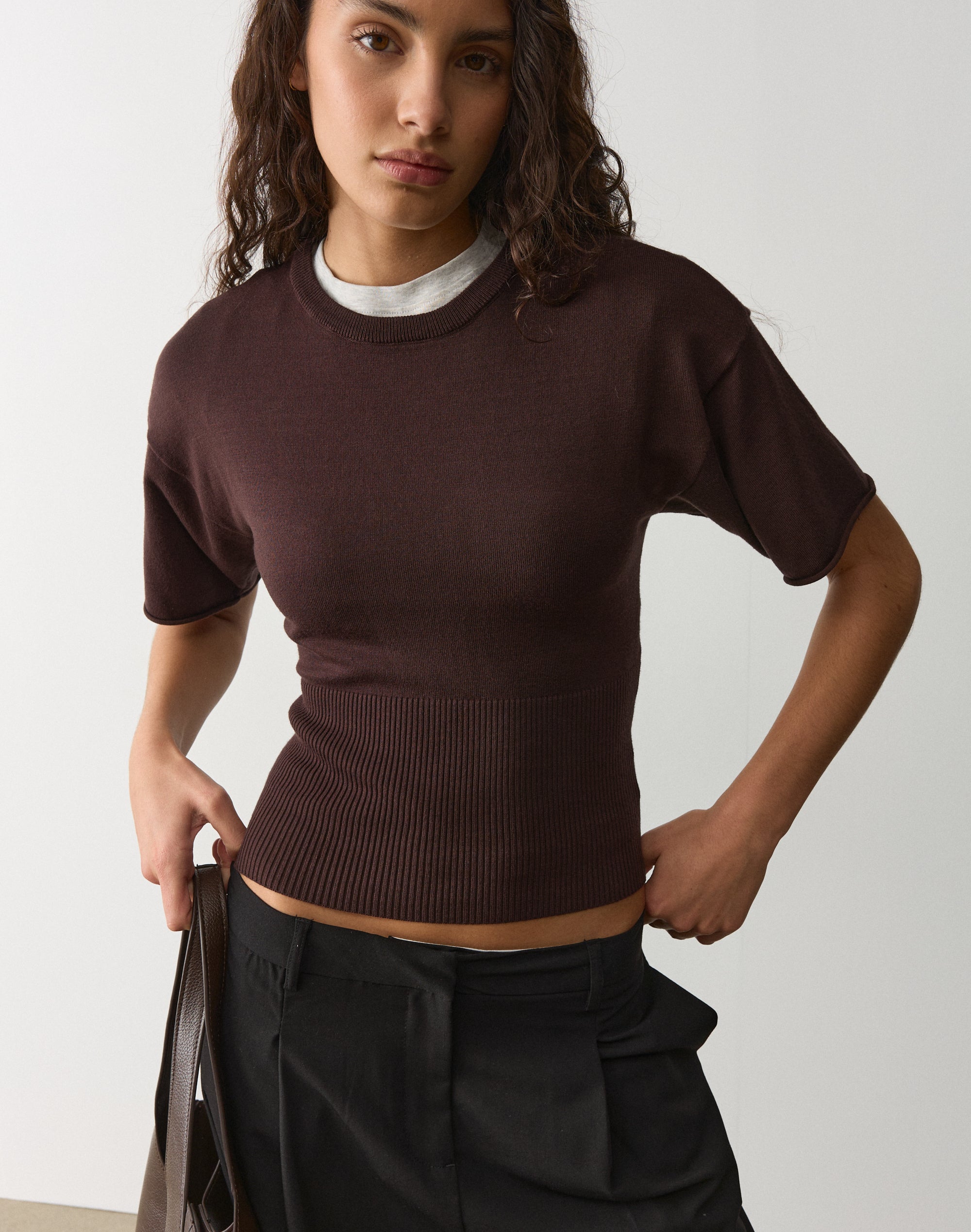 Short Sleeve Rib Waist Knit Top