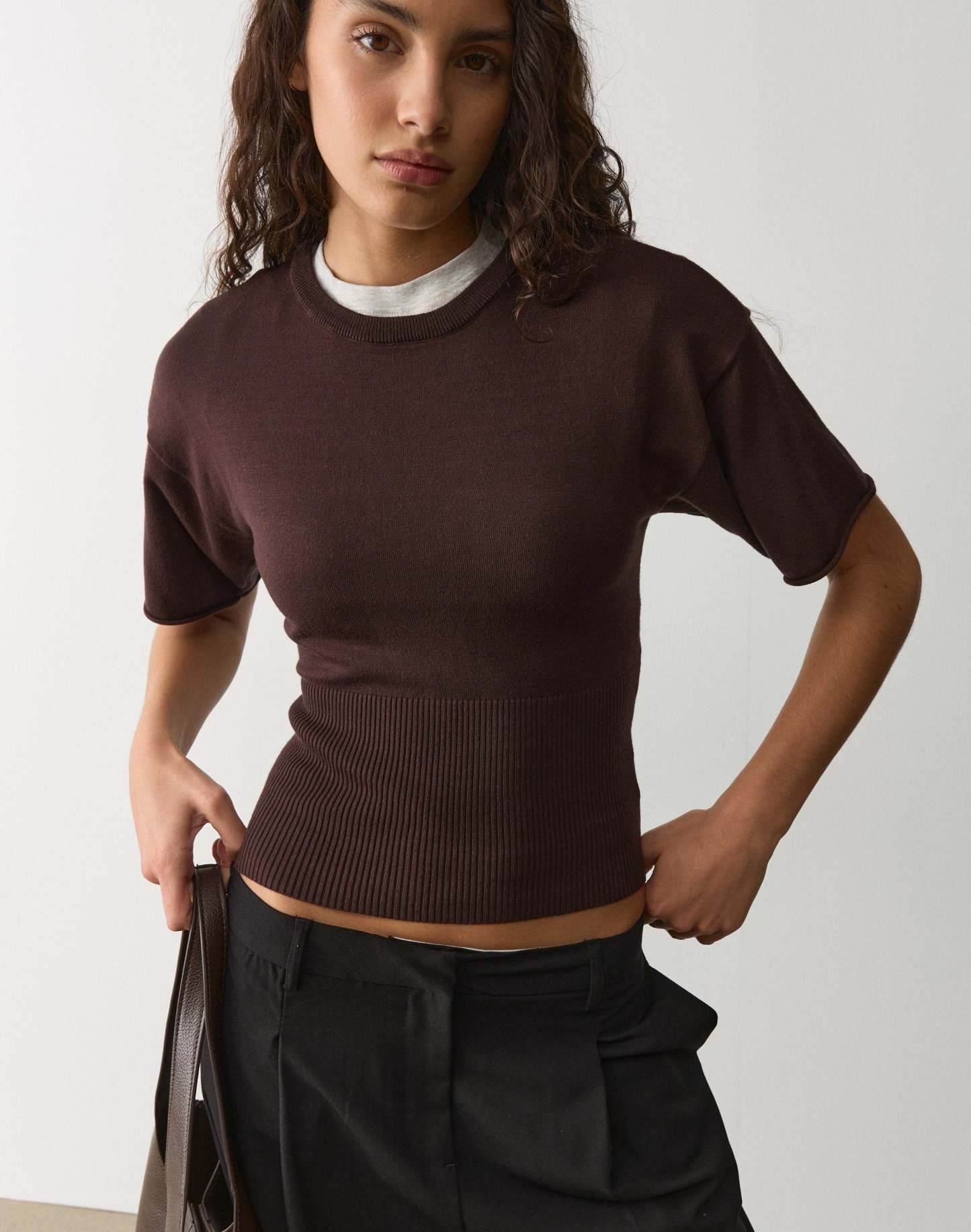 Short Sleeve Rib Waist Knit Top