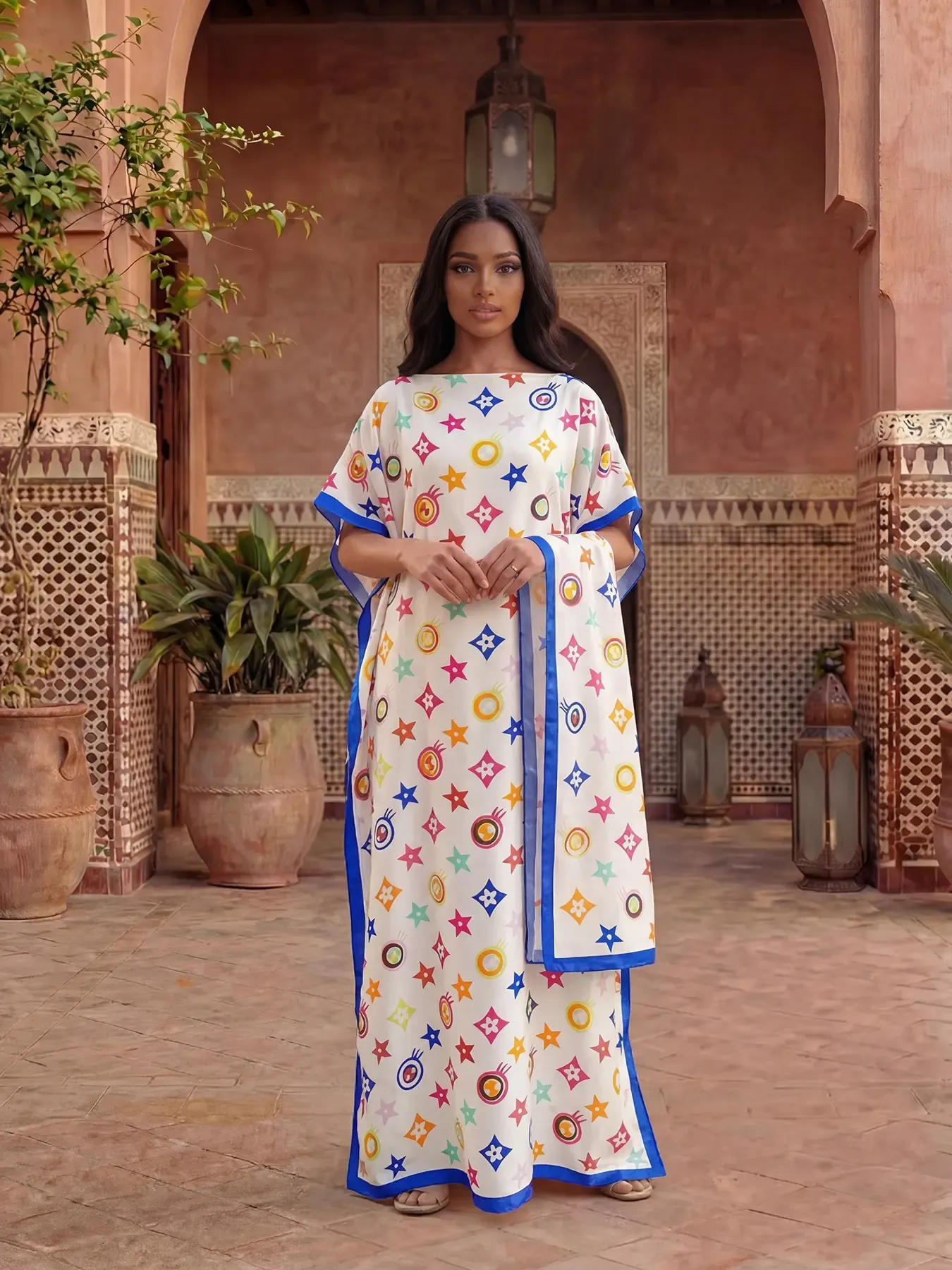 Women's Elegant Geometric Print Robe Set, Fitted Long Dress + Headscarf Scarf Hairband, Beachwear Beach Sun Protection Satin Silk Shawl