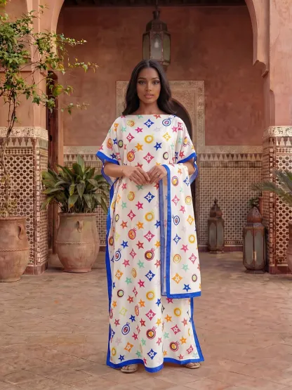 Women's Elegant Geometric Print Robe Set, Fitted Long Dress + Headscarf Scarf Hairband, Beachwear Beach Sun Protection Satin Silk Shawl