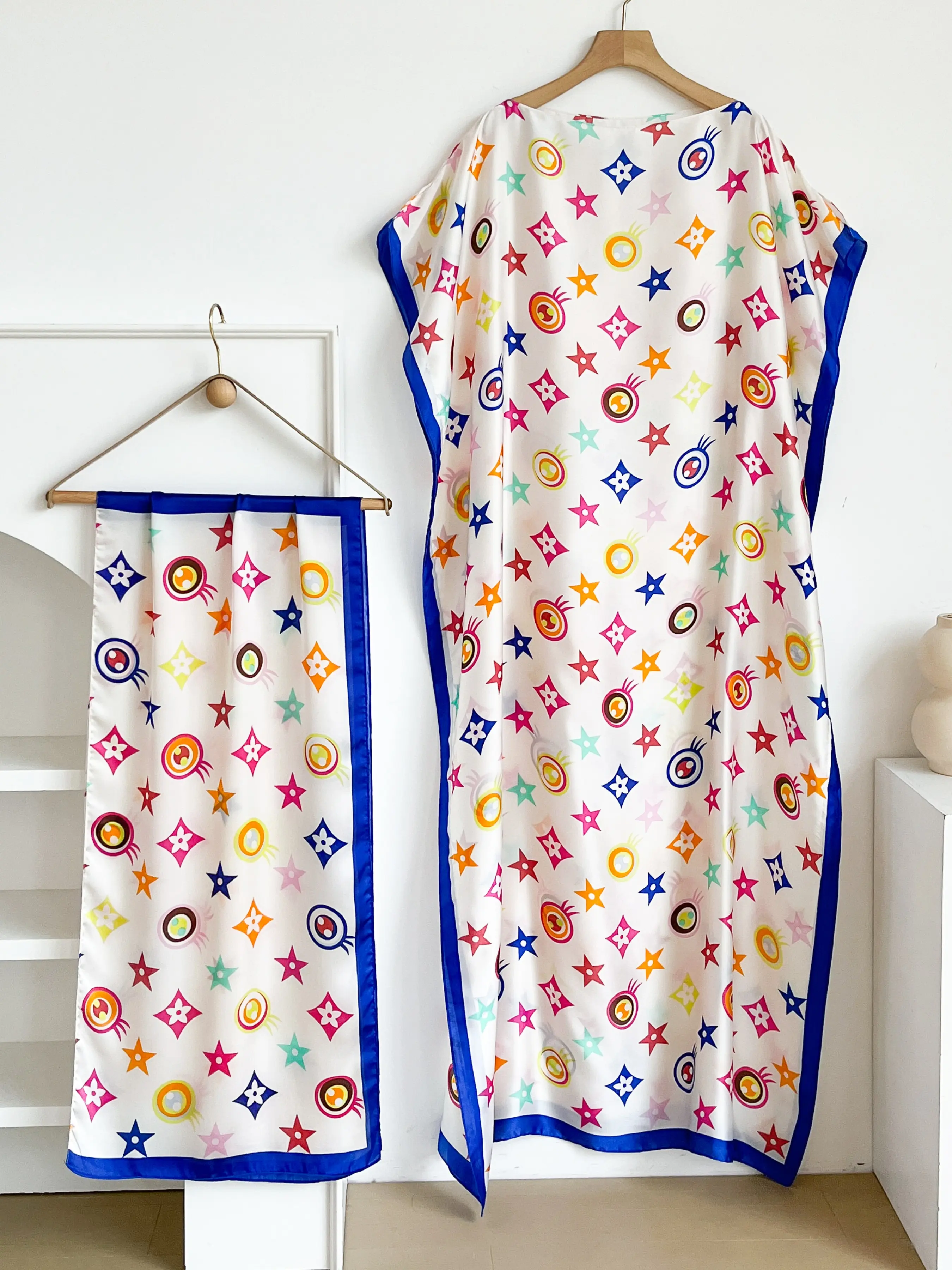 Women's Elegant Geometric Print Robe Set, Fitted Long Dress + Headscarf Scarf Hairband, Beachwear Beach Sun Protection Satin Silk Shawl