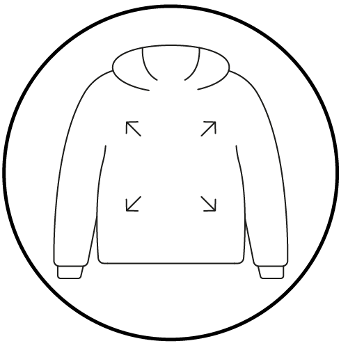 Icon of an oversixed hoodie, with black arrows pointing outwards from the centre on a white backgorund.