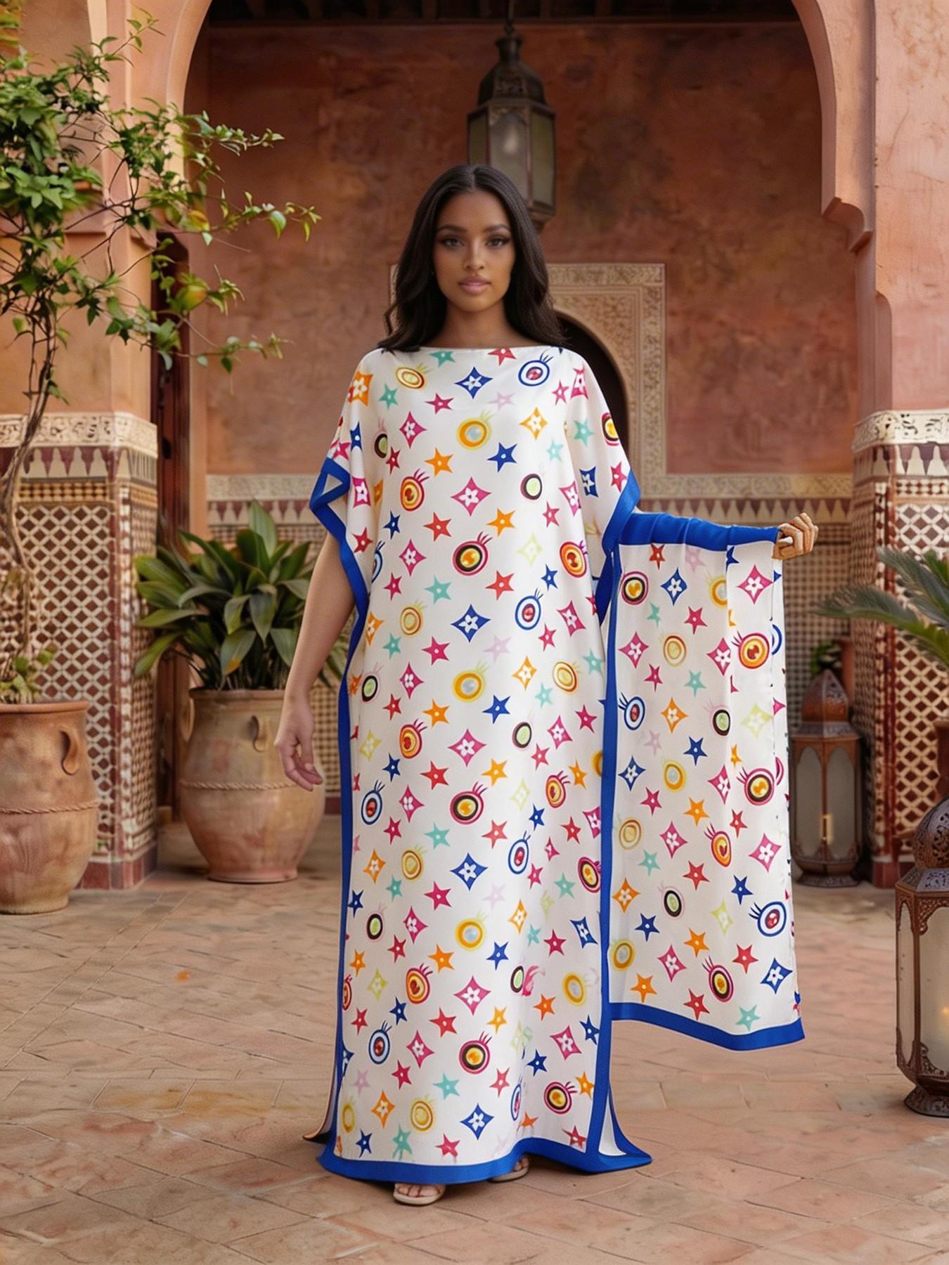 Women's Elegant Geometric Print Robe Set, Fitted Long Dress + Headscarf Scarf Hairband, Beachwear Beach Sun Protection Satin Silk Shawl