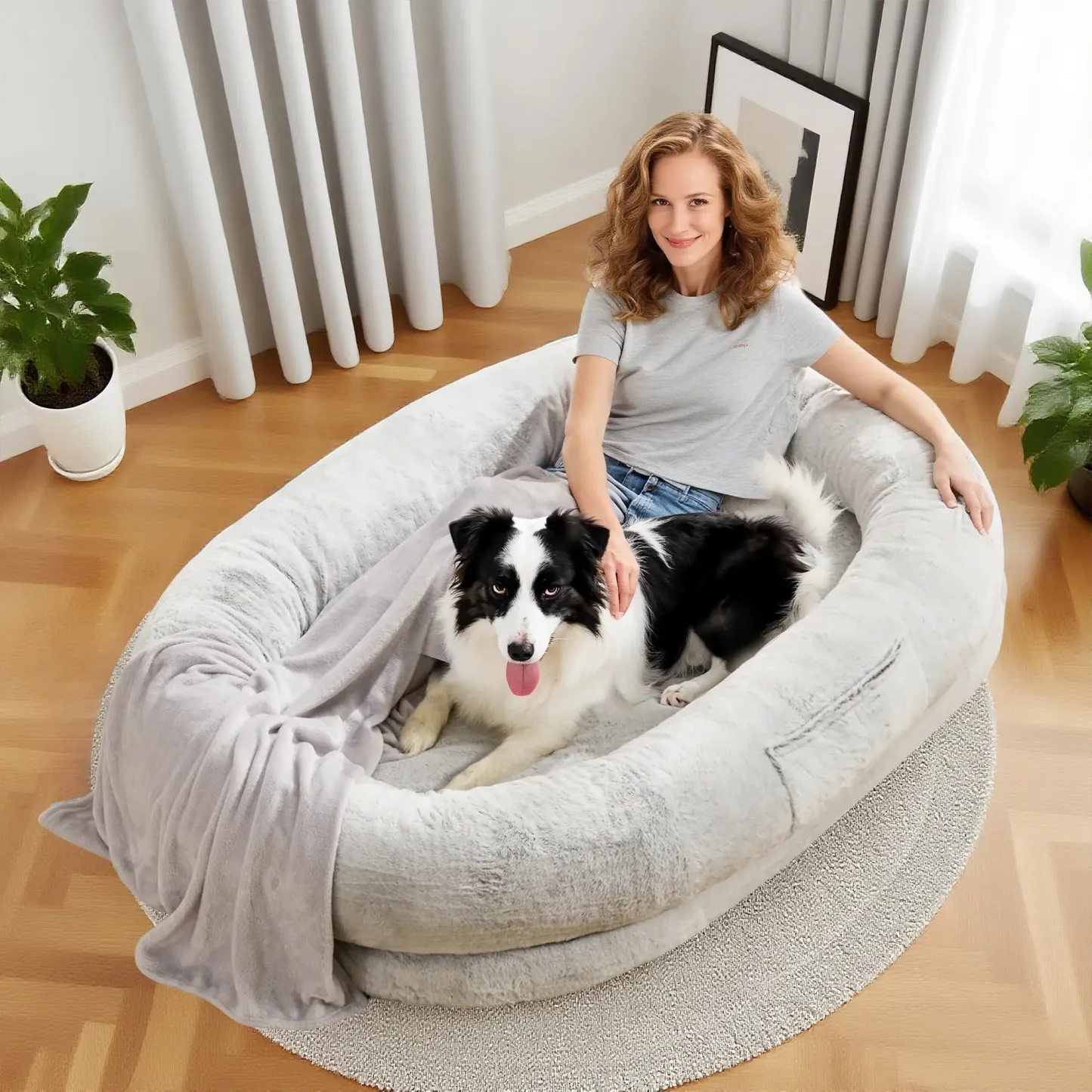 Cozy XL Human Dog Bed - Faux Fur Lounger & Pillow
