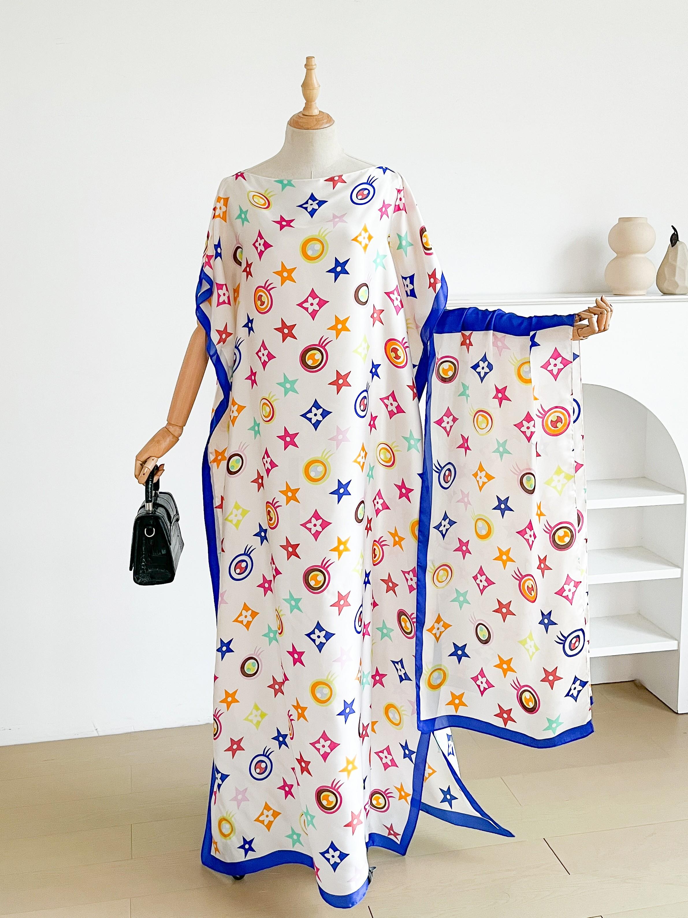 Women's Elegant Geometric Print Robe Set, Fitted Long Dress + Headscarf Scarf Hairband, Beachwear Beach Sun Protection Satin Silk Shawl