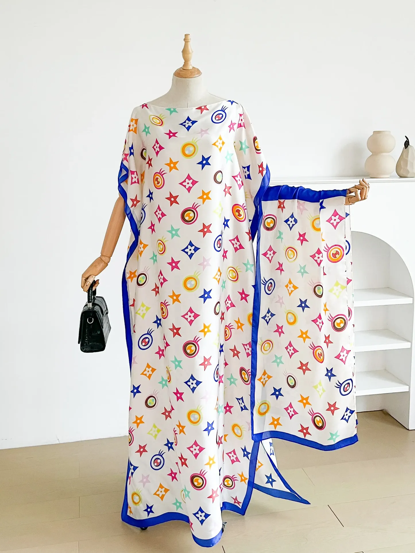 Women's Elegant Geometric Print Robe Set, Fitted Long Dress + Headscarf Scarf Hairband, Beachwear Beach Sun Protection Satin Silk Shawl