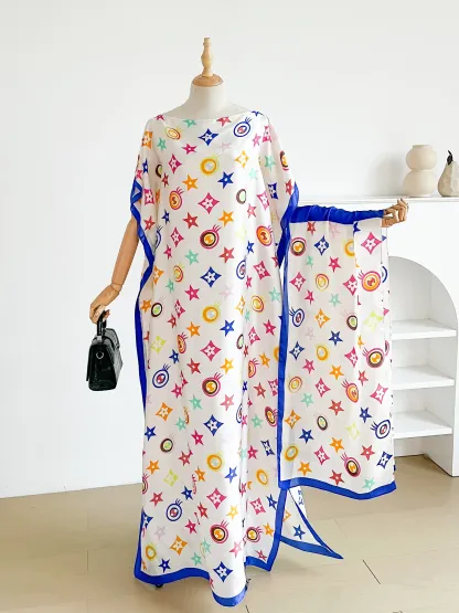 Women's Elegant Geometric Print Robe Set, Fitted Long Dress + Headscarf Scarf Hairband, Beachwear Beach Sun Protection Satin Silk Shawl