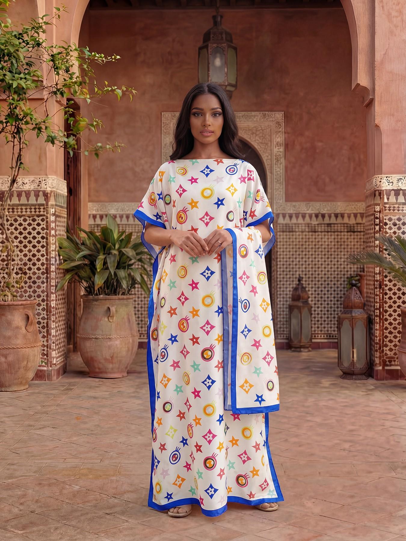 Women's Elegant Geometric Print Robe Set, Fitted Long Dress + Headscarf Scarf Hairband, Beachwear Beach Sun Protection Satin Silk Shawl