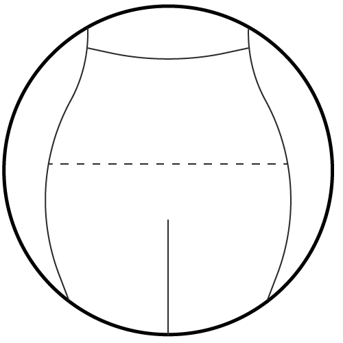 Icon of a person from behind with a dotted line over their buttocks on a white background.