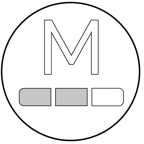 Icon of the letter M over a half filled progress bar on a white background.